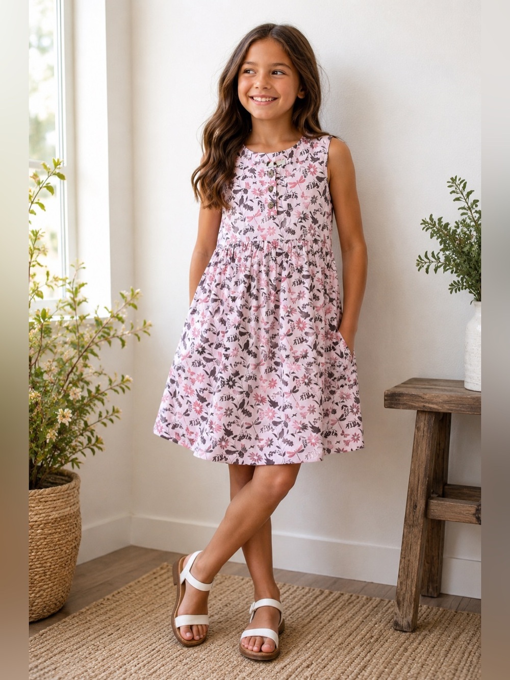 Woolrich Girls Pink Floral Cotton Sleeveless Dress Size 5 Pockets